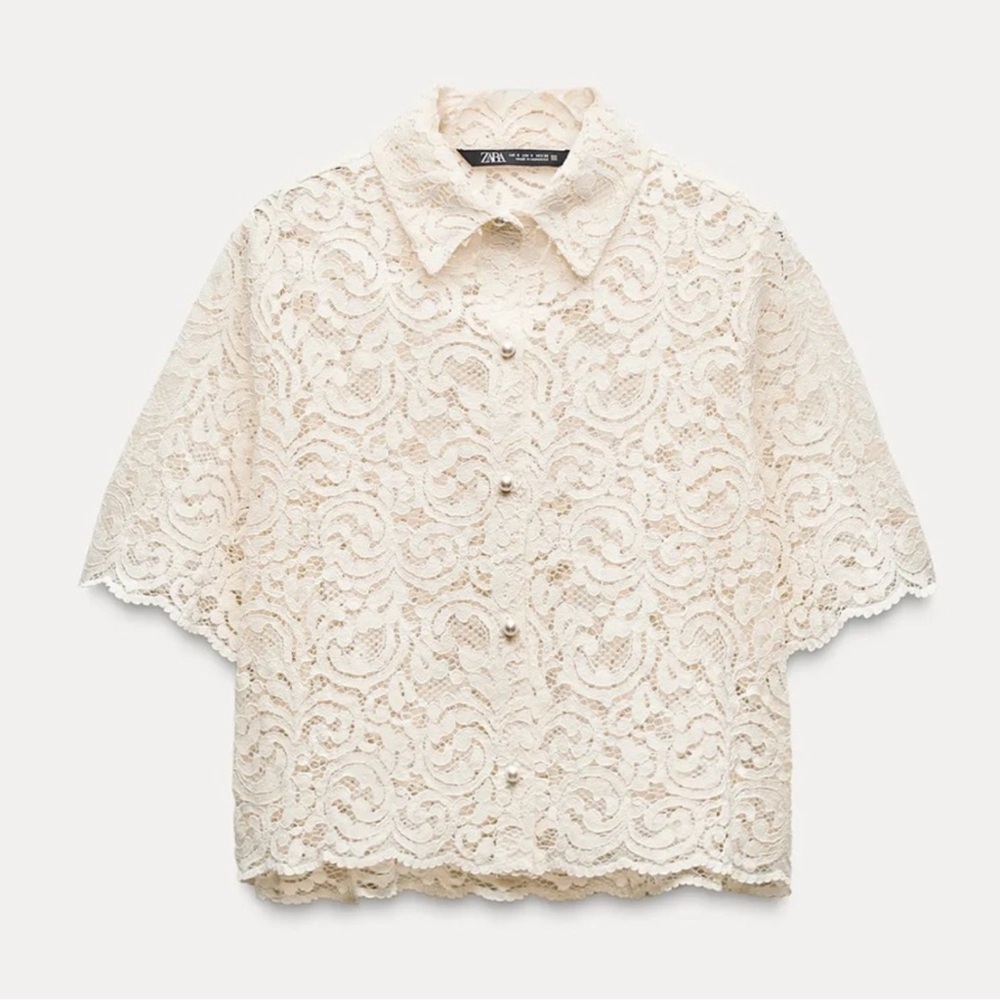 Zara White Lace Floral Short Sleeve Shirt w Pearl Buttons
